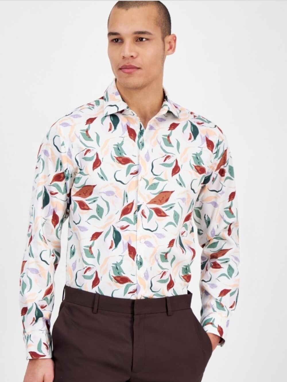 Bat III Long Sleeve White With Colorful Leaf Print Long-Sleeve Shirt. NWT
